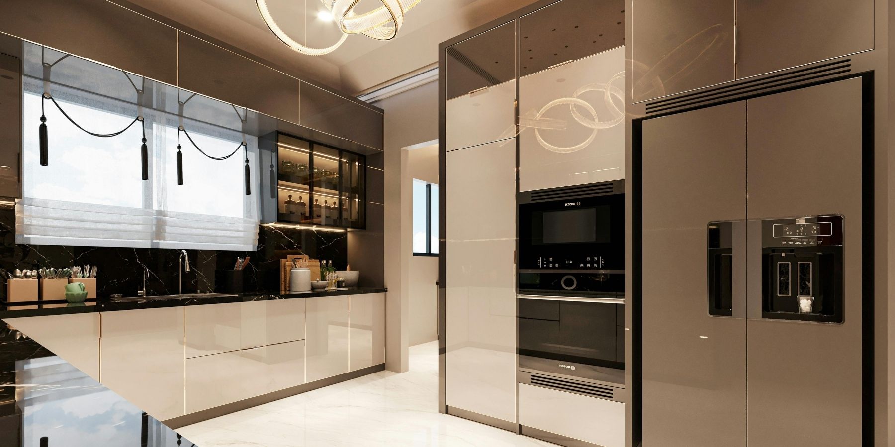 Modern luxury kitchen with fitted cabinetry, integrated ovens, large fridge freezer and stone worktops