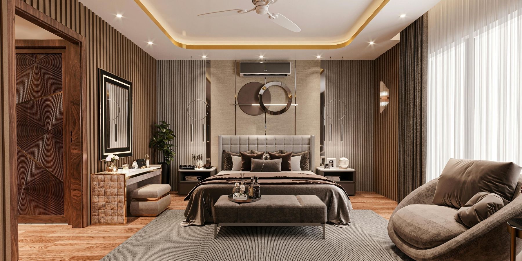 Luxury bedroom with feature wall, timber detailing, integrated lighting and contemporary fitted interior