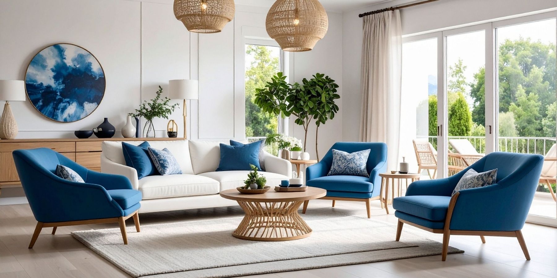 Bright modern living room with blue armchairs, white sofa, large windows and contemporary furnishings