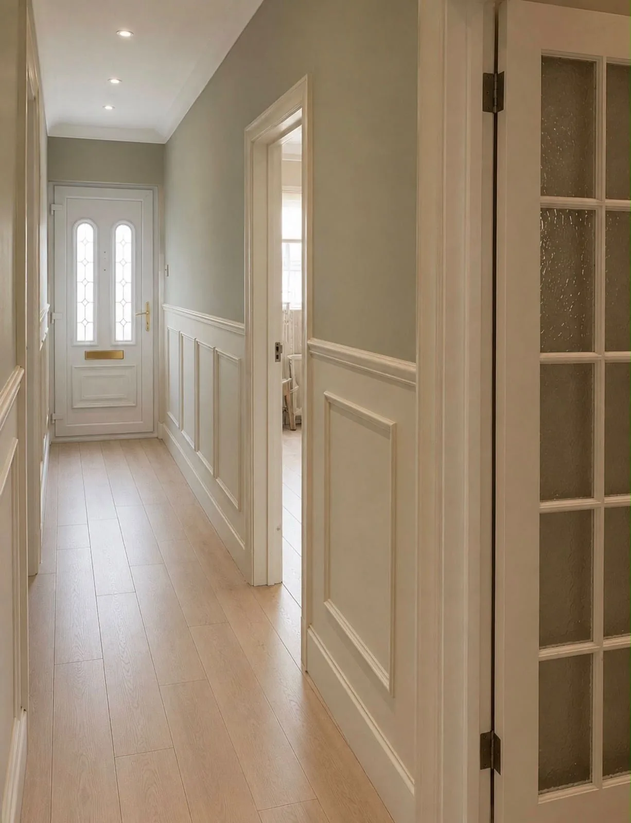 Refurbished hallway with decorative wall panelling, light wood flooring, white doors and recessed lighting