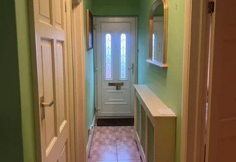 Refurbished residential hallway with green walls, white doors, wood-effect flooring and fitted radiator cover