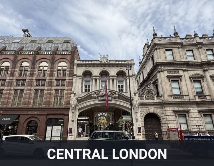 Historic Central London buildings and street scene with traffic in the foreground