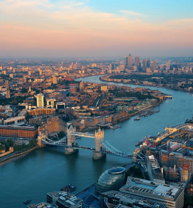 Aerial view of London with Tower Bridge and the River Thames