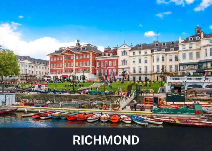 Riverside view of Richmond in London with historic buildings and boats