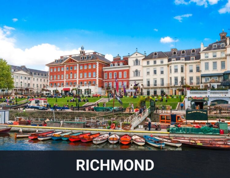 Riverside view of Richmond in London with historic buildings and boats