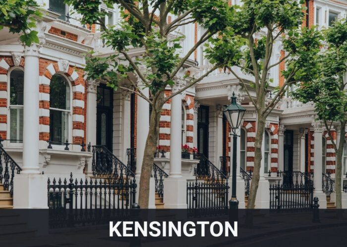 Traditional period townhouses on a residential street in Kensington, London