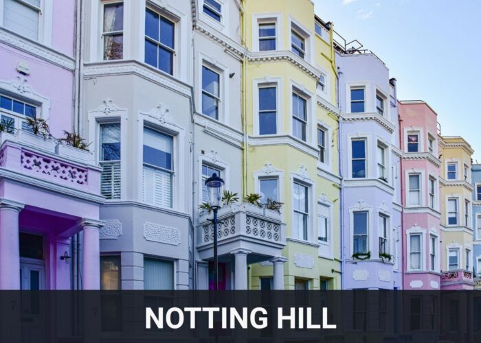 Colourful period townhouses on a residential street in Notting Hill, London