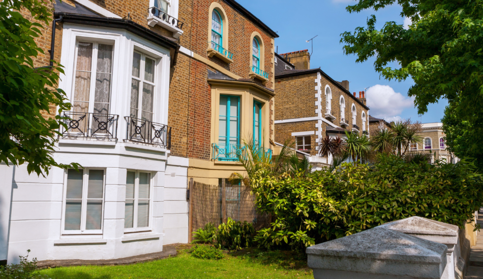 Period residential houses with bay windows and front gardens in Hammersmith, London