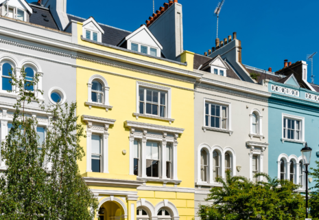 Colourful period townhouses with decorative facades in Notting Hill, London