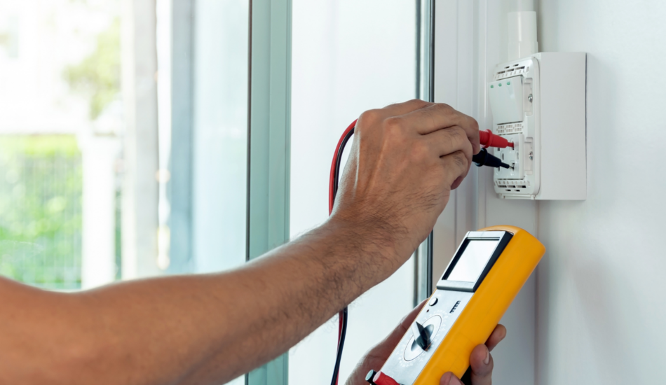 Electrician testing an electrical connection with a digital multimeter