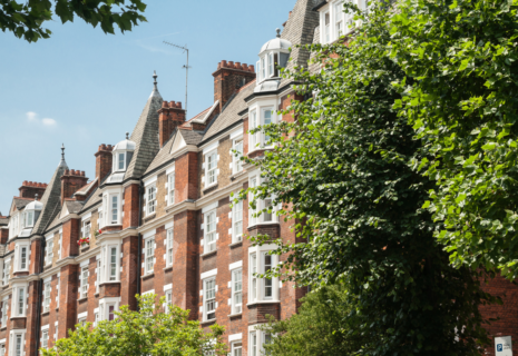 Row of red-brick period residential buildings with bay windows and mature trees
