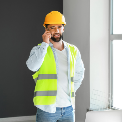 Construction professional wearing a hard hat and high-visibility vest speaking on a mobile phone