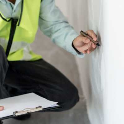 Construction professional inspecting a wall and recording quality checks on a clipboard